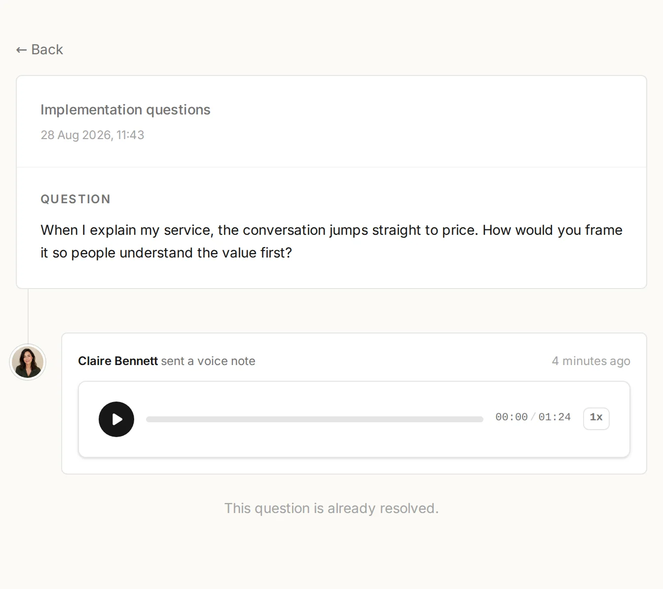 A public client question with a voice reply in MentorDrop.